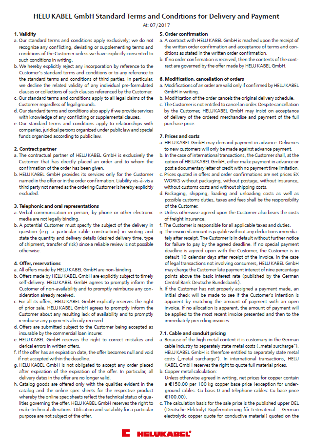 HELU KABEL GmbH Standard Terms and Conditions for Delivery and Payment