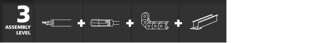 Assembly Level 3 consists of a pre-assembled cable, an energy chain and further accessories. Assembly Level 3 consists of a pre-assembled cable, an energy chain and further accessories.