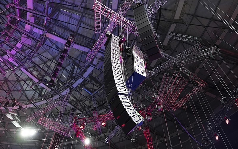 Loudspeaker box on the roof of an event hall