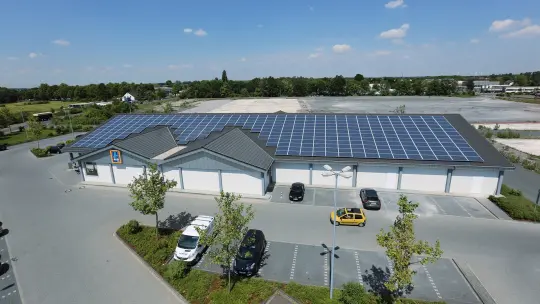 Exterior shot of the Aldi roof with solar panels on top