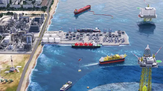 Bird's eye-view of the shore and sea with an oil rig